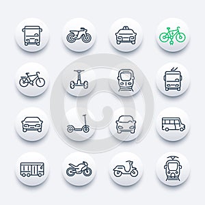 City transport icons set, bus, taxi, train, bikes