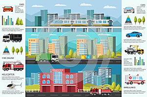City transport infographic horizontal banners with municipal public vehicles cityscape and diagrams
