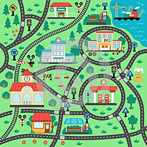 City transport map. Square shaped background with railway, roads, traffic signs for kids. Vector road trip playing mat for kids.