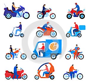 City transport motorbikes vector illustration set, cartoon flat driver characters on bikes, riders driving motorcycle