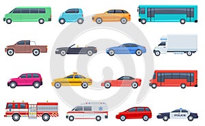 City transport set. Police car ambulance fire engine bus taxi cabriolet suv pickup vector flat isolated urban