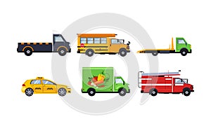 City transport set, truck, school bus, tow truck, taxi, fire truck, vector Illustration on a white background