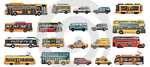 City transport side view set in cartoon style. Tourist double decke buses trams electric vans sedans SUVs minibuses