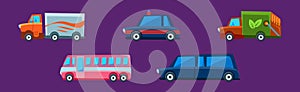City Transport and Urban Traffic on Purple Background Vector Set