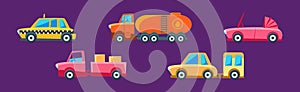 City Transport and Urban Traffic on Purple Background Vector Set