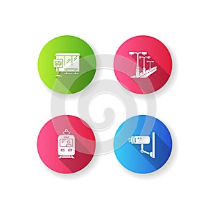 City transportation flat design long shadow glyph icons set