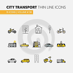 City Transportation Linear Thin Icons Set with Tram Bus and Taxi