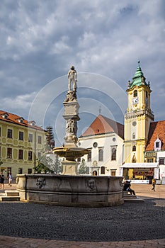 Old town hall and fountain in bratislava center