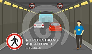 City tunnel restrictions. Man ignoring road or traffic rule and walking through high-speed tunnel.