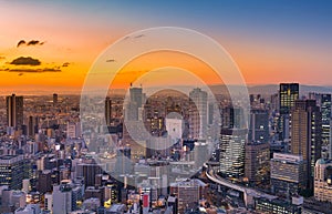 City of Umeda aerial view with sunset skyline