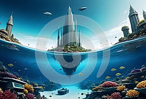 a city underwater with a castle and fish