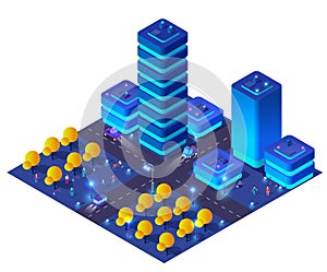 City urban area map Isometric night lights ultraviolet 3D illustration