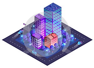 City urban area map Isometric night lights ultraviolet 3D illustration