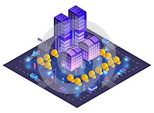 City urban area map Isometric night lights ultraviolet 3D illustration