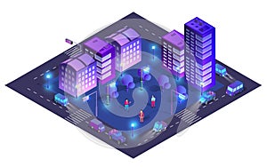 City urban area map Isometric night lights ultraviolet 3D illustration