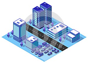 City urban area map Isometric vehicles 3D illustration architecture