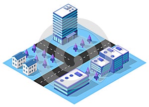 City urban area map Isometric vehicles 3D illustration architecture