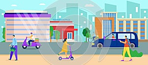 City urban road, vector illustration. Flat people charcater walk at town street, cartoon life scene at landscape