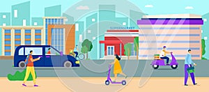 City urban road, vector illustration. Flat people charcater walk at town street, cartoon life scene at landscape
