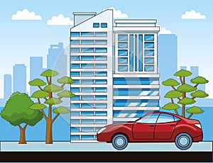 City urban scenery with modern building and red sport car, colorful design