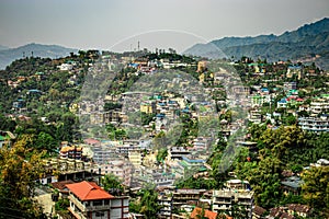 City urbanization with huge construction at day from flat angle