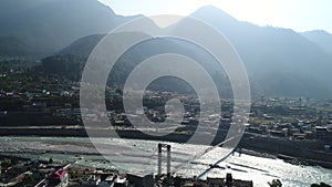 City of Uttarkashi in the state of Uttarakhand in India seen from the sky