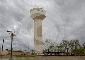 City of Uvalde water tower and Recycling Center in near downtown Uvalde, Texas.