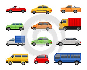 City vehicle. Urban transportation. Cars side view. Van and suv truck. Isolated auto taxi mini or micro modern transport