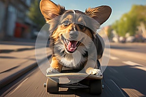 City vibes Cute dog effortlessly glides on skateboard, pure joy