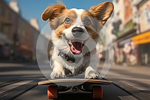 City vibes Cute dog effortlessly glides on skateboard, pure joy