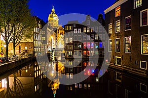 City view of Amsterdam, the Netherlands with Amstel river at night