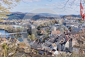 City view of Brugg Ost with Aare river, ancient town and Salzhaus