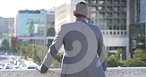 City view, buildings and back of business man, property developer or real estate manager thinking of architecture