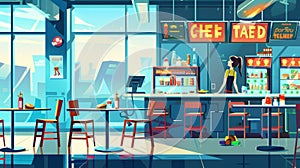 City view of a cafe interior with trays, meals, and drinks on the counter of a fast food canteen. Cartoon modern