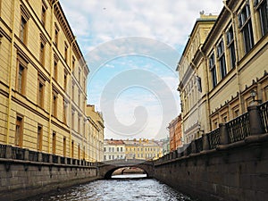 City view with canal in Saint Petersburg on bright sunny day.