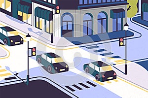 City view with cars driving along road, modern buildings, crossroad with traffic lights and zebra crossings or