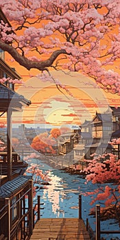 City View With Cherry Blossoms: 2d Game Art Style Painting