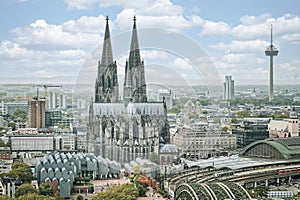 city view of cologne with cathedral, main station and museum ludwig in the foreground