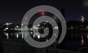 City view with fire works at night