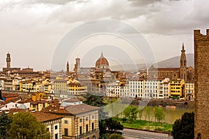 City View of Florence or Firenze, Italy. Cityscape in a cloudy early spring day.