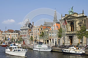 City view Haarlem, river Spaarne, Museum Teylers