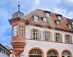 City view of Heidelberg showing a old house facade with a beautiful bay window. Baden Wuerttemberg, Germany, Europe