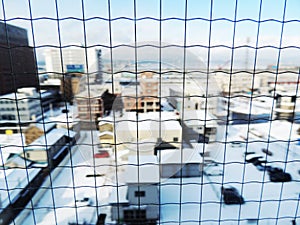 City view from hotel`s window after snowing Hakodate, Sapporo, Japan