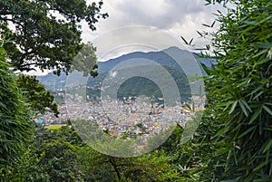 City view of Kathmandu, Nepal. Colorful buildings against the backdrop of mountains