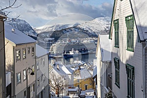 City view local city street lovely Spring day Alesund Norway  Northern Europe