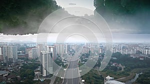 City view with mirror reflection of the forest, abstract footage
