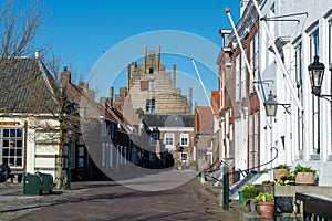 City view on old medieval houses in small historical town Veere in Netherlands, province Zeeland