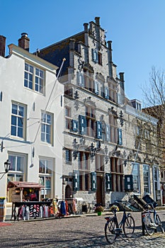 City view on old medieval houses in small historical town Veere in Netherlands, province Zeeland
