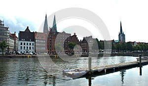 City view of old town from a lake, beautifil architecture, Lubeck, Germany