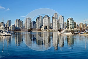 City view and reflection in calm water.